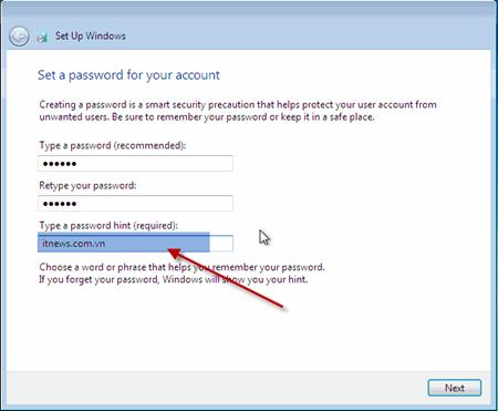 Nhập mật khẩu và ô gợi nhớ mật khẩu